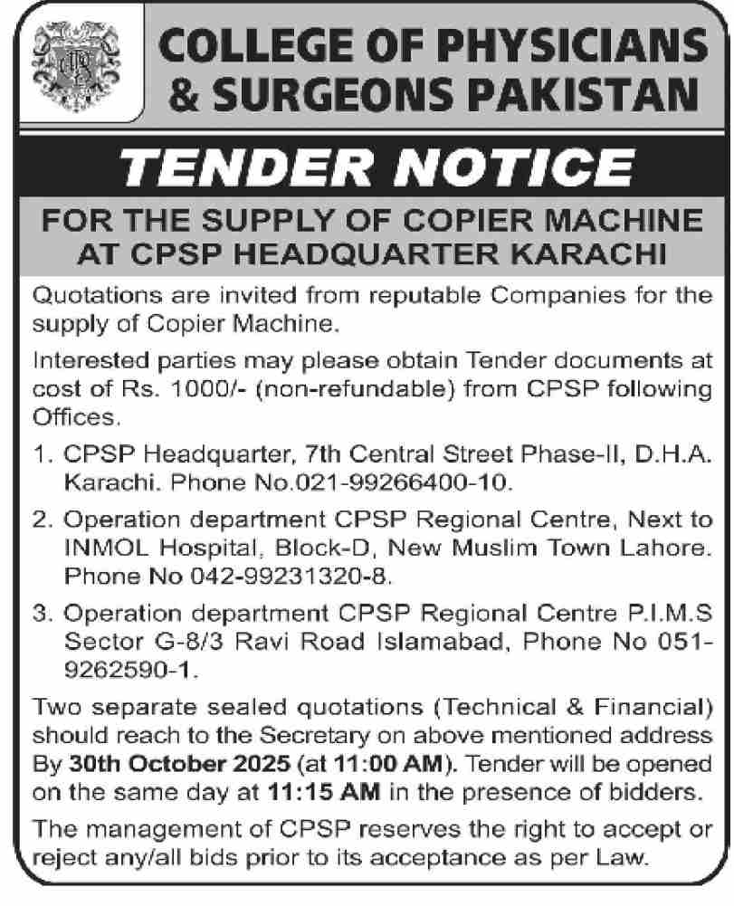 College of Physician & Surgeons Tender Notice